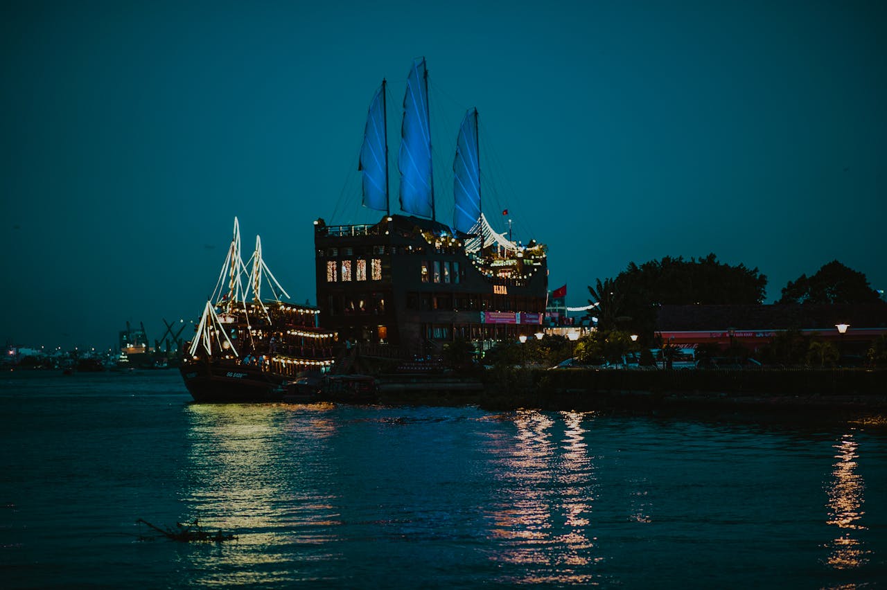Cat Ba coastline at night with harbor lights